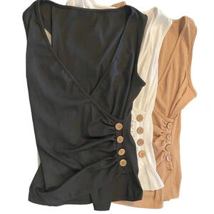 new ribbed tank top set  white, tan and black with wrap style and button finish